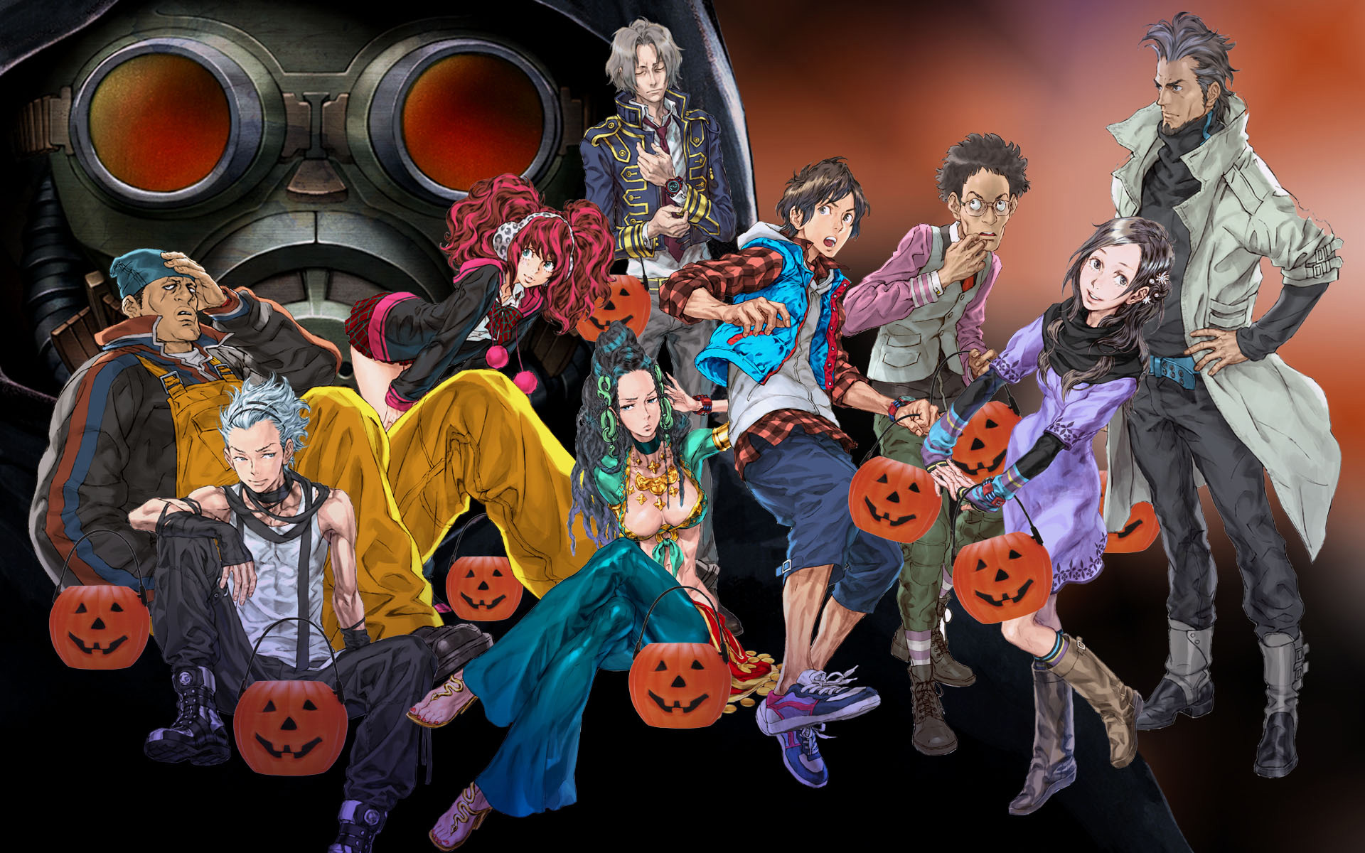 official art of the cast of 999 but everyone has a jack-o-lantern candy bucket as well